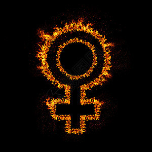 女标志燃烧火焰中,孤立黑色背景上图片