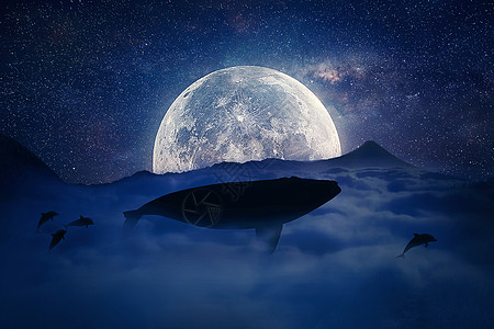 飞行的鲸鱼条鲸鱼的轮廓云层上方飞入满月之夜星空笼罩着群山中的云彩幻想,超现实的景观场景屏幕保护程序背景