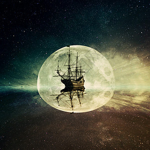 老式的,旧船漂浮海洋中,漂浮月光下的夜空星空背景上冒险旅程图片