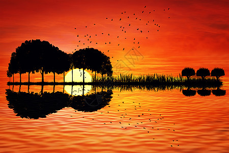 日落的背景上,树木排列成吉他的形状音乐岛与吉他反射水中图片