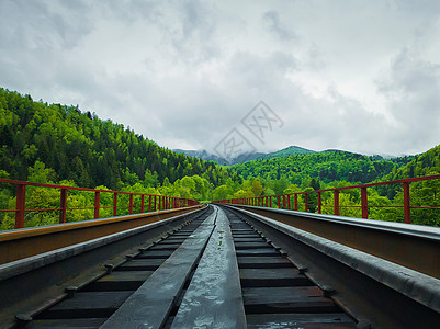 古老的铁路桥穿过山间的春天的森林美丽的风景与同色调的绿树薄雾地平线上喀尔巴阡山,亚雷姆奇,乌克兰图片