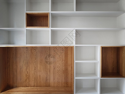 空衣柜架子背景现代木制衣柜,美丽的白色棕色室内合,抽象的形状图案图片