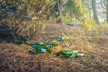 负责任的人宴会后公园里留下空的脏啤酒瓶很多垃圾环境污染,生态问题坏惯,把垃圾璃塑料留森林里图片