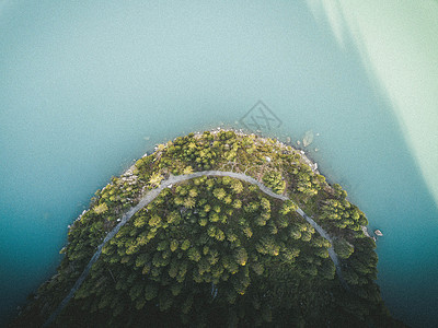 空中拍摄的树木个山湖图片