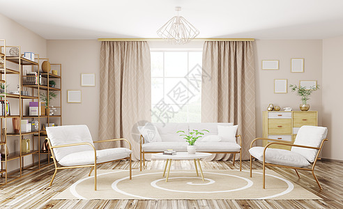 家庭现代客厅与沙发扶手椅三维渲染图片