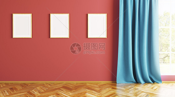 客厅空的内部背景,墙上三个海报框架,3D渲染图片
