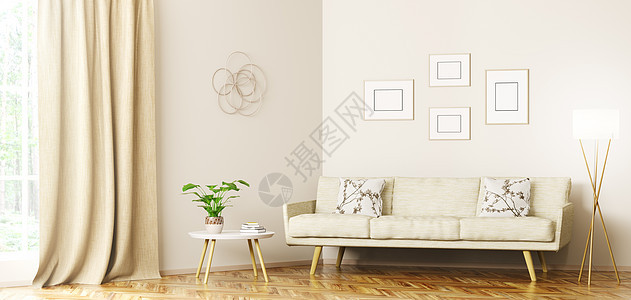 现代室内的客厅米色沙发,茶几,窗户三维渲染图片
