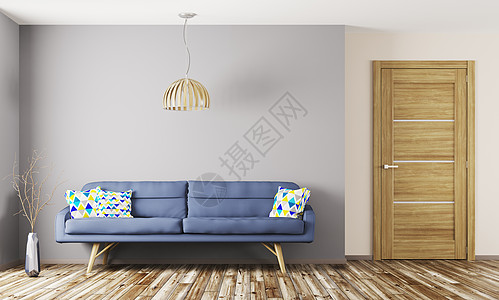 客厅现代室内,蓝色沙发木门三维渲染高清图片