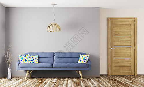 客厅现代室内,蓝色沙发木门三维渲染图片
