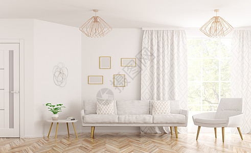 客厅现代室内,沙发扶手椅白色门窗三维渲染图片