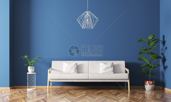 现代室内的客厅白色沙发,植物灯蓝色墙壁上三维渲染图片