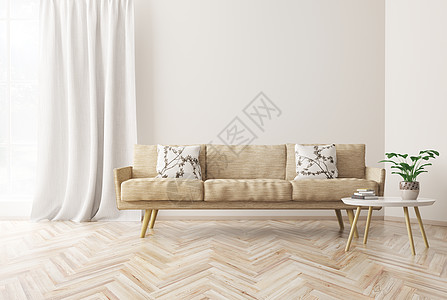 现代室内的客厅米色沙发,茶几,斯堪的纳维亚风格,3D渲染图片