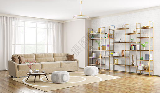 家庭现代客厅与沙发书架3D渲染图片