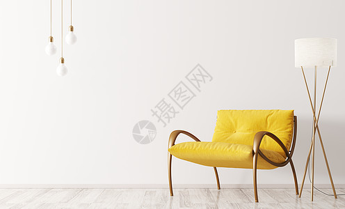现代客厅内部黄色扶手椅落地灯3D渲染图片