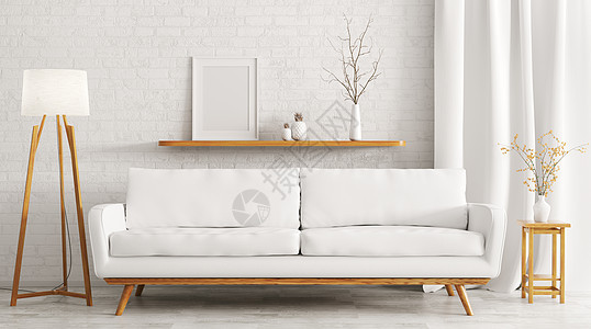 客厅现代室内,白色沙发,架子落地灯,砖墙三维渲染图片