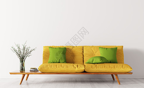 现代客厅内部黄色沙发绿色靠垫,花瓶与花枝三维渲染图片