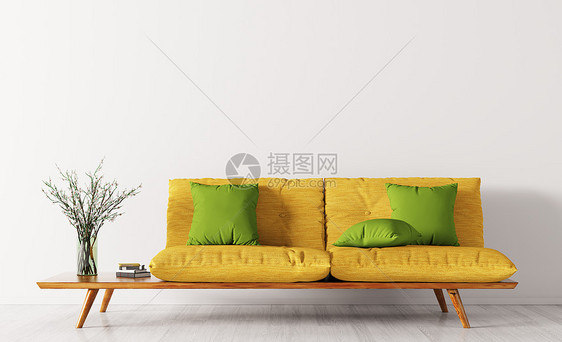 现代客厅内部黄色沙发绿色靠垫,花瓶与花枝三维渲染图片