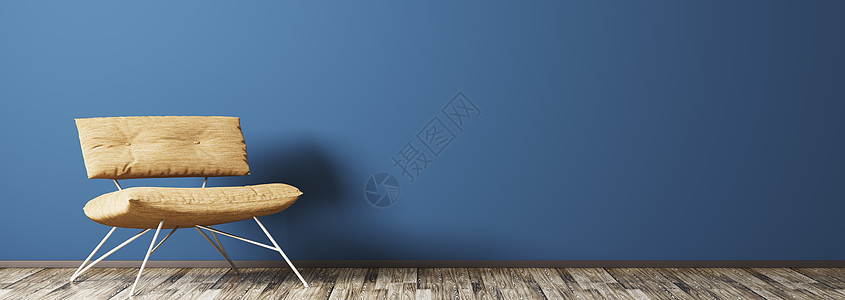 现代客厅的内部与扶手椅蓝色墙壁3D渲染图片