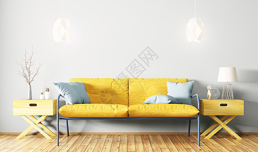 客厅内部黄色沙发,侧桌,灯具三维渲染图片