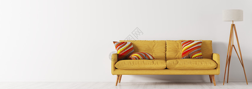 现代室内客厅黄色沙发木制落地灯白色墙壁全景三维渲染图片