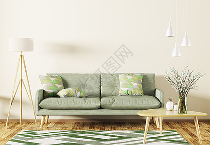 现代室内客厅与绿色沙发,木制茶几,地毯落地灯3D渲染图片