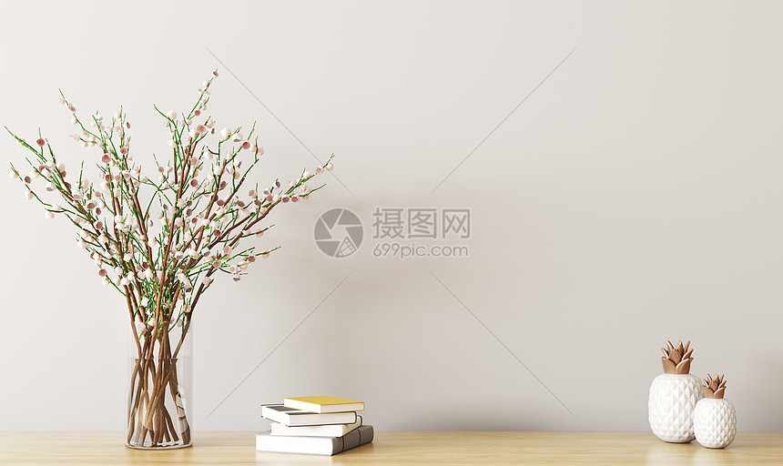 墙壁装饰,木架与花枝花瓶,春天内部背景三维渲染图片