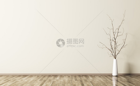 空房间内部背景,白色花瓶与树枝木地板上三维渲染图片