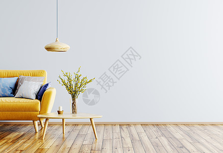 客厅内部沙发3D渲染现代室内客厅与黄色沙发,木制茶几灯3D渲染图片