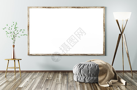 现代室内客厅与灰色搁脚凳,落地灯模拟框架三维渲染图片