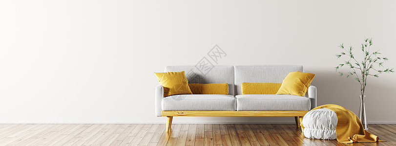 现代室内客厅灰色沙发,脚凳花瓶与三维渲染图片