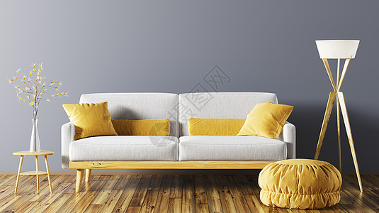 现代室内客厅灰色沙发,脚凳落地灯3D渲染图片
