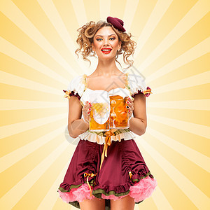 漂亮感的啤酒节女服务员,穿着传统的巴伐利亚连衣裙,酒馆里供应两个大啤酒杯,五颜六色的抽象卡通风格背景上微笑图片