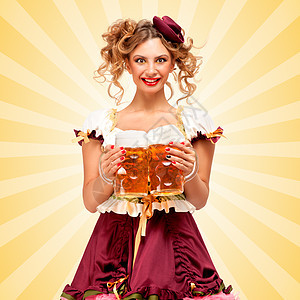 漂亮感的啤酒节女服务员,穿着传统的巴伐利亚连衣裙,酒馆里供应两个大啤酒杯,五颜六色的抽象卡通风格背景上微笑图片