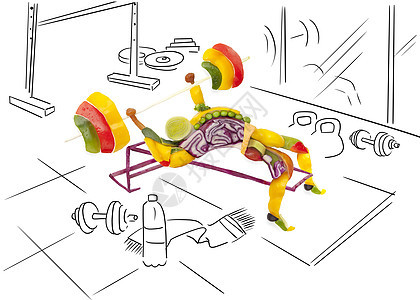水果蔬菜的形状,个健康的肌肉健美运动员举杠铃健身房图片