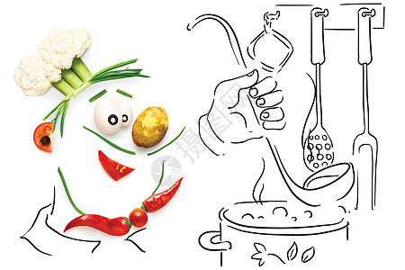 创造的食物,个趣的卡通厨师,由蔬菜,烹饪汤粗略的背景图片