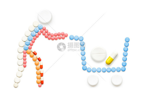 创造的医学保健由药丸,药物购物车,隔离白色图片