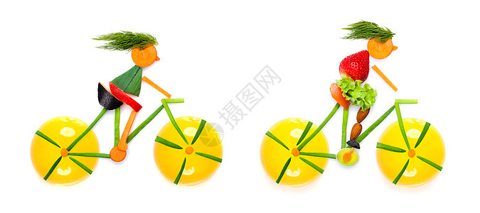 水果蔬菜形状的轻骑自行车的人图片