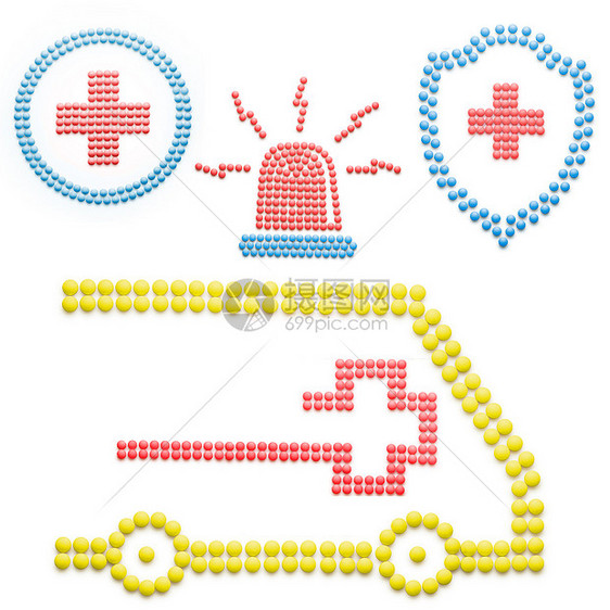 创造的医学医疗保健由药物药丸,紧急救护车与警报器隔离白色图片