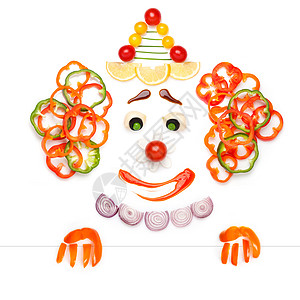 个创造的食物,个悲伤的戏剧小丑,由蔬菜水果制成的菜单图片