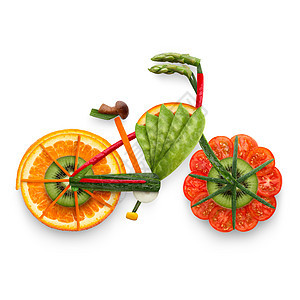 健康食品的电动自行车详细制作的新鲜蔬菜水果充满维生素,隔离白色图片