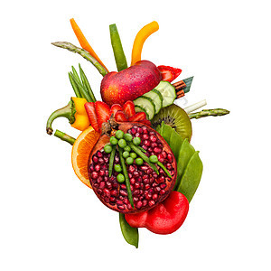 健康食品的,人类的心脏由水果蔬菜制成,减少死亡风险,隔离白色图片