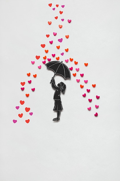 创意情人节照片,个女孩与伞雨心白色背景图片