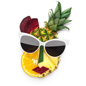 美味的艺术创意照片的立体风格女脸太阳镜由水果蔬菜,白色背景图片