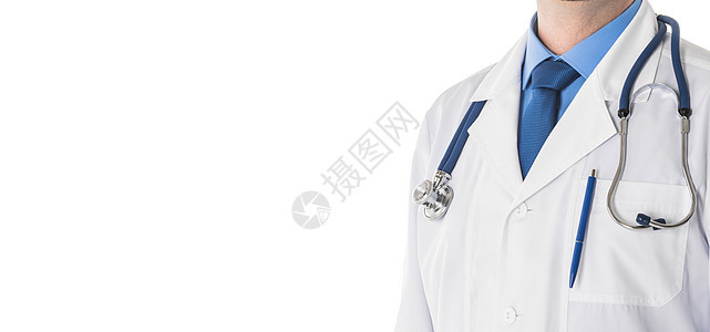 穿白色衣服的医生近距离观看男医生穿着白色外套听诊器隔离白色背景与图片