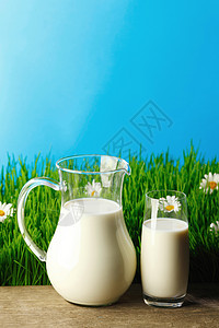 牛奶罐璃上的新鲜青草与洋甘菊花田上的牛奶罐璃图片