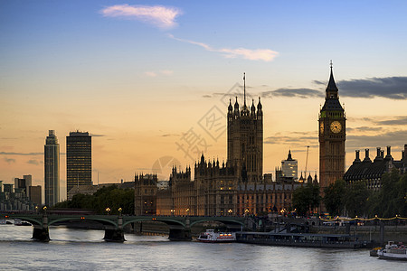 英国,伦敦,威斯敏斯特大本的日落天际线伦敦议会大厦令人惊叹的伦敦城市天际线景观夜间与发光的城市灯光标志的地标建筑图片