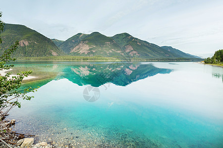 加大的湖平静的景色加大的山湖旁边,岩石平静的水中反射图片