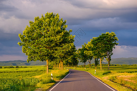 乡村道路的田野温暖的阳光下戏剧的天空,新鲜的充满活力的颜色,莱茵河谷莱茵峡谷德国图片