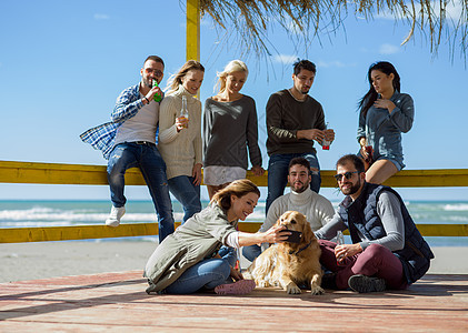 快乐的群朋友海滩屋闲逛,秋天的日子里玩得开心,喝啤酒群朋友秋天的海滩上玩得很开心图片