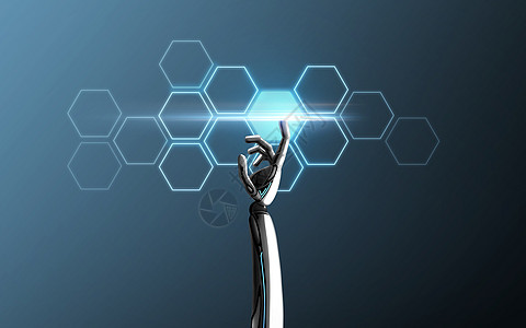 科学,未来技术网络机器人手触摸激光连接细胞蓝色背景机器人手触摸网络单元图片